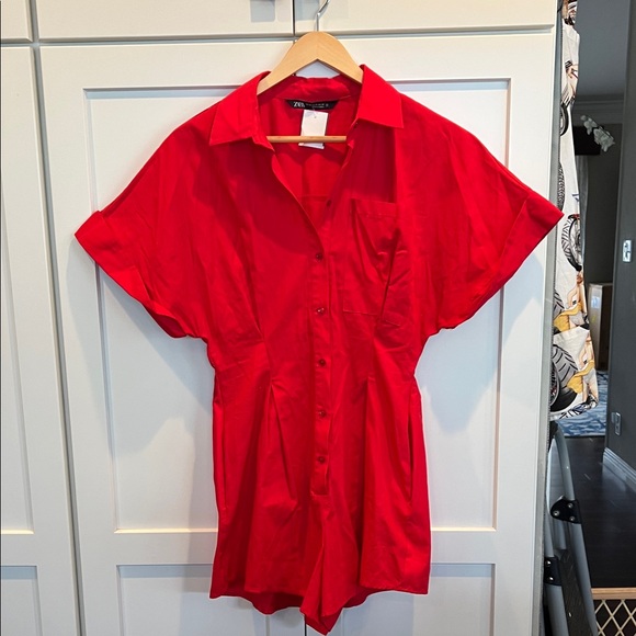 Zara Vibrant Red Button-Down Romper - Picture 1 of 6